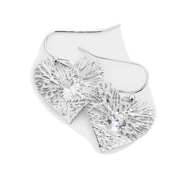 Heart-Shaped Textured Silver Earrings With Crystal Accents‎ - Picture 2 of 8